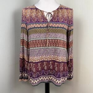 Crosby Mixed Print Long Sleeve Rayon Peasant Blouse Medium